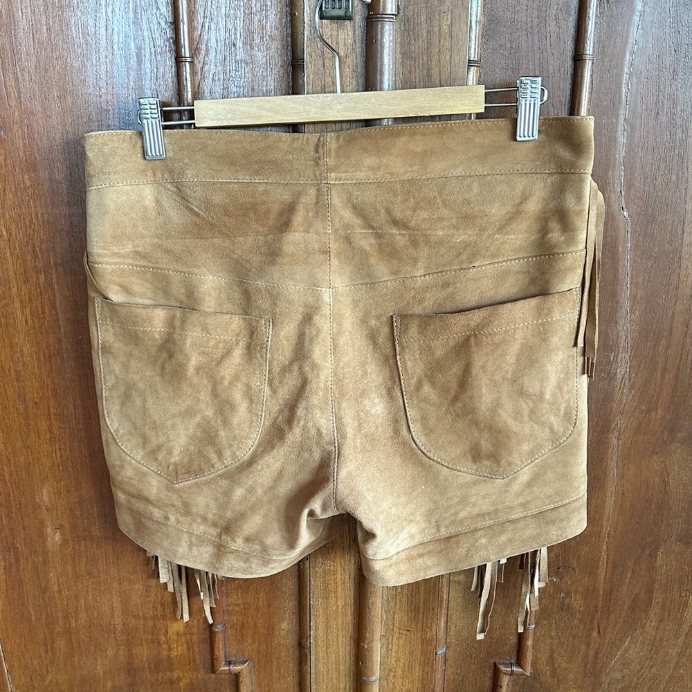 Fully Lined Tan Suede Fringe Shorts - Picture 2 of 6